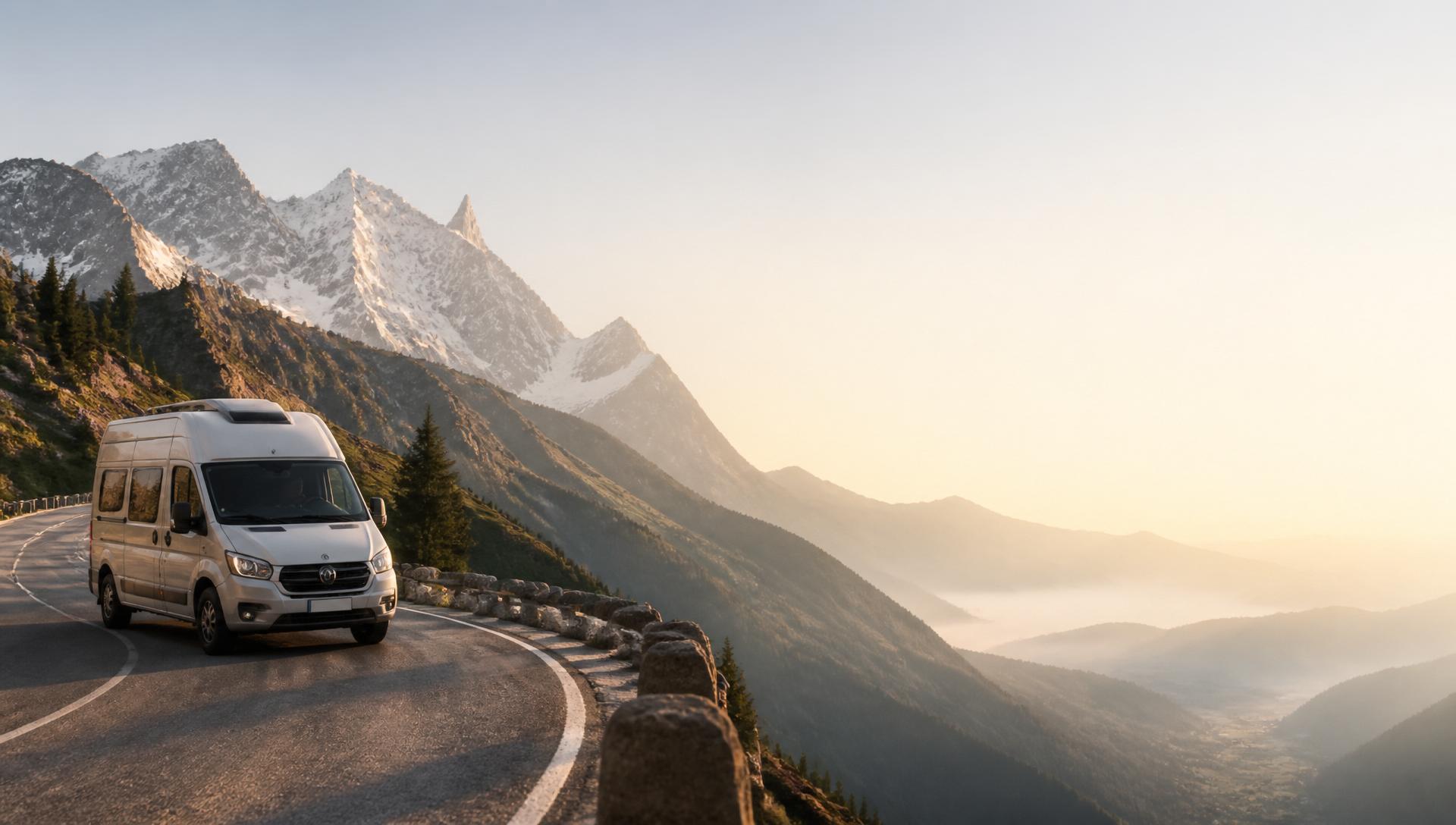 Camper auf einer Alpenstrasse bei Sonnenaufgang